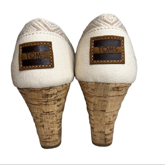 Toms Stella Beige Diamond Print Peep Toe Wedge Cork Heels - Picture 11 of 16